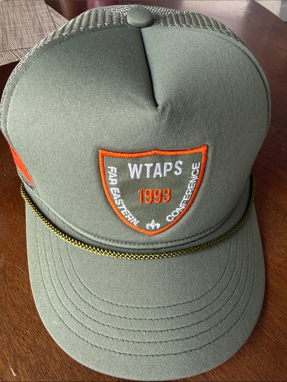 WTAPS Olive Green Trucker Hat with Orange Patch